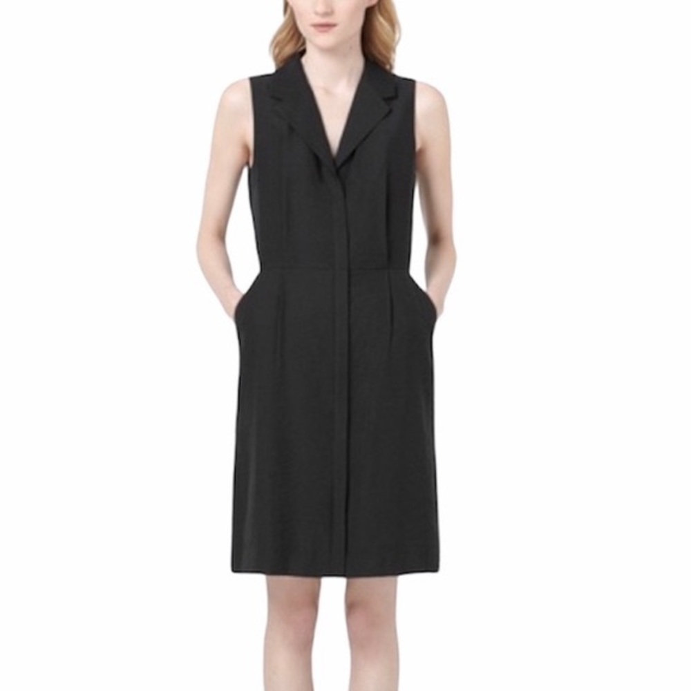 COS Black Collared Lapel Zip Pleated Sleeveless Dress